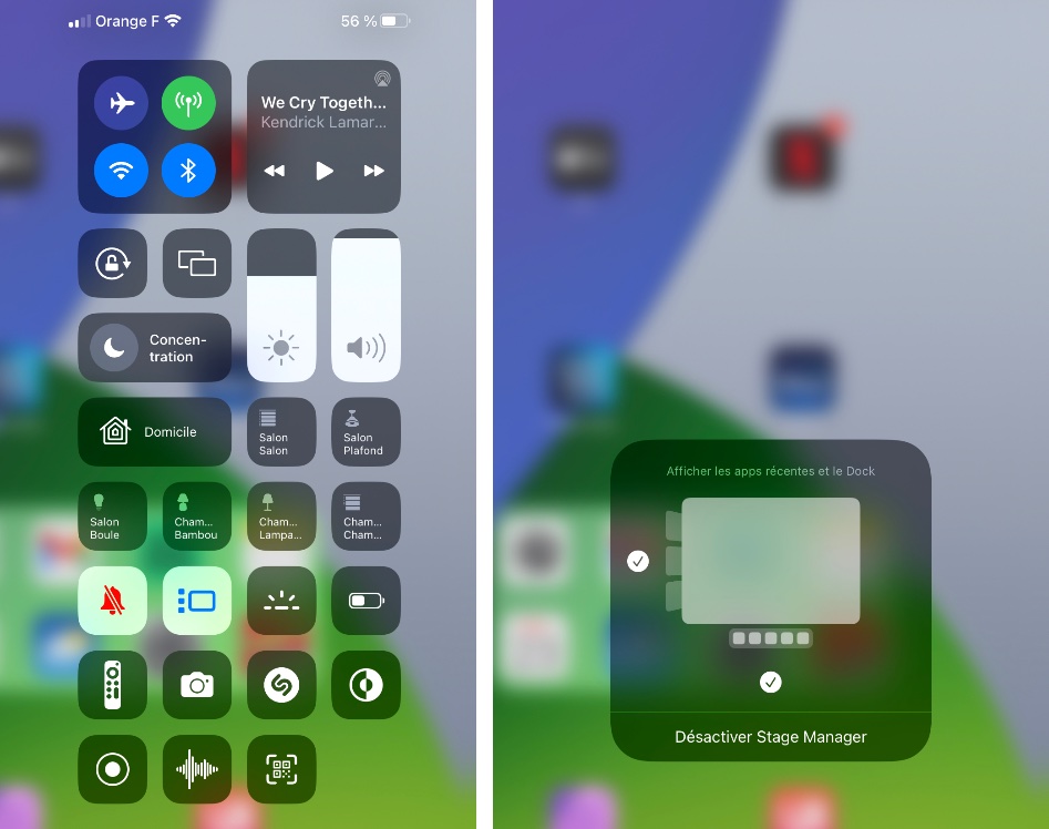 Stage Manager doit s’activer dans le centre de contrôle. Pour bien l’utiliser, il faut souvent le désactiver et le réactiver, quand une fonction ne marche pas dans ce mode. // Source : Numerama
