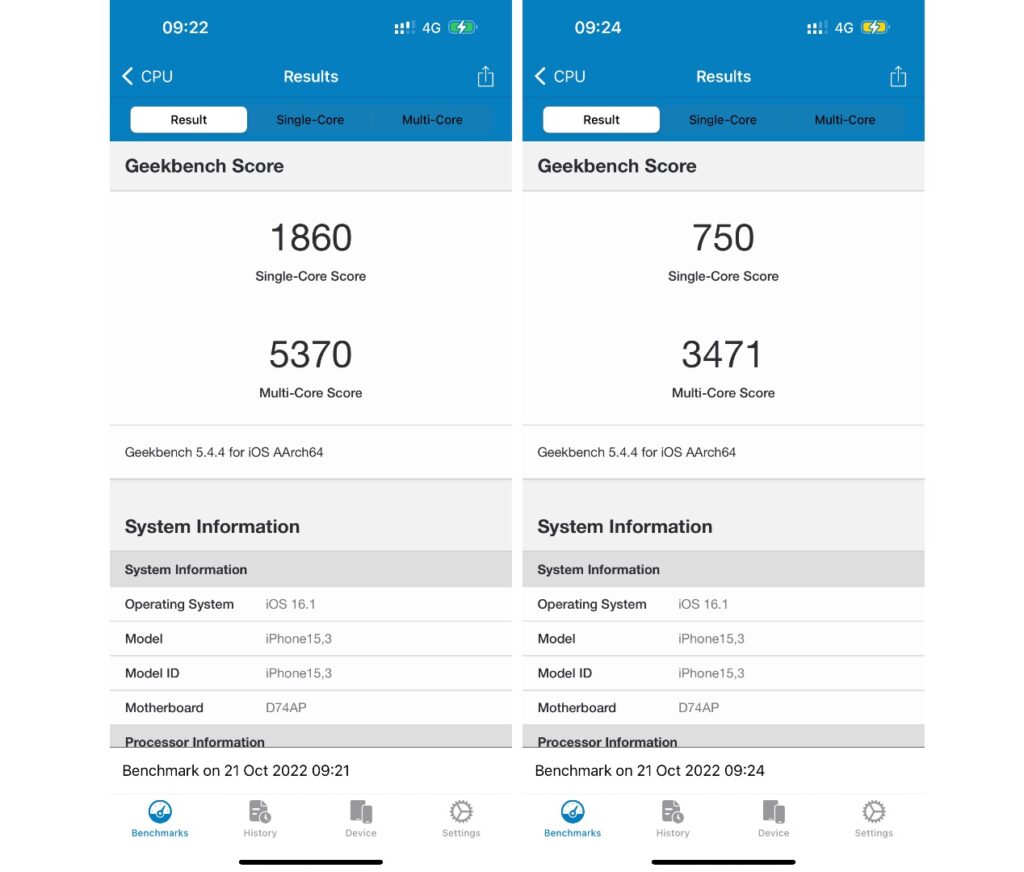 Voici des tests de performance réalisés sur un iPhone 14 Pro Max. À gauche, en mode normal. À droite, en mode économie d’énergie. Le processeur est bridé de 50 %.  // Source : Numerama