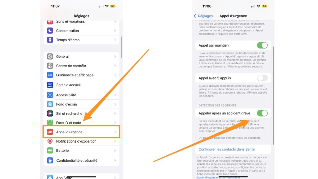 Désactivation des appels d'urgence sur iPhone // Source : Capture d'écran