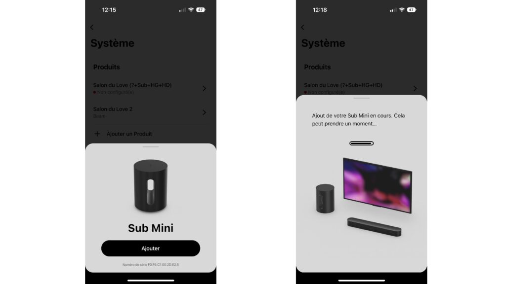 Configuration Sonos Sub Mini // Source : Capture d'écran