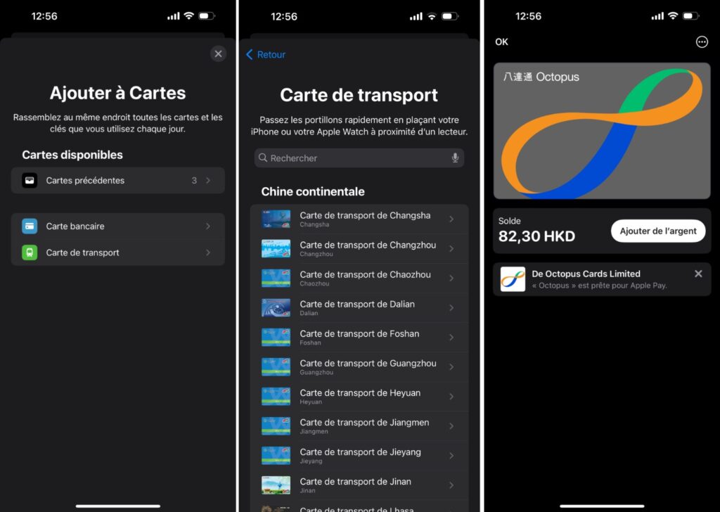 L'ajout d'une carte de transport dans Apple Wallet, ici avec la carte Octopus d'Hong-Kong. On pourra faire pareil avec le passe Navigo, avec quelques titres vendus à l'unité. // Source : Captures Numerama