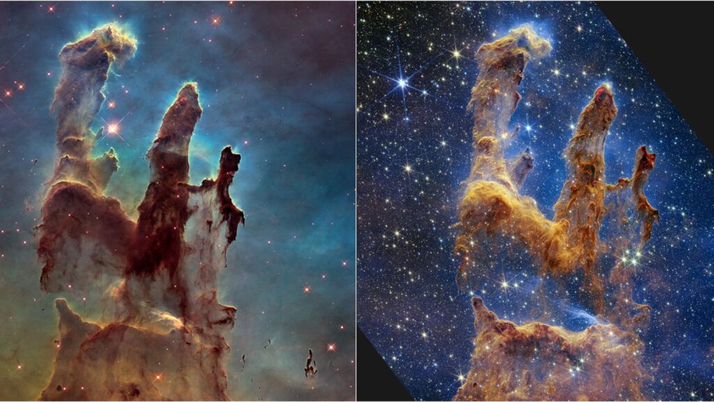 Les piliers de la création, vues de Hubble et de James Webb. // Source : NASA, ESA, CSA, STScI, Hubble Heritage Project (STScI, AURA) 