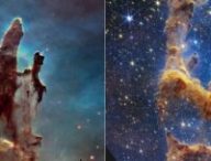 Les piliers de la création, vues de Hubble et de James Webb. // Source : NASA, ESA, CSA, STScI, Hubble Heritage Project (STScI, AURA) 