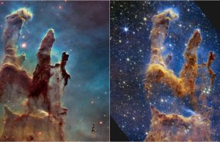 Les piliers de la création, vues de Hubble et de James Webb. // Source : NASA, ESA, CSA, STScI, Hubble Heritage Project (STScI, AURA)  Les piliers de la création, vues de Hubble et de James Webb. // Source : NASA, ESA, CSA, STScI, Hubble Heritage Project (STScI, AURA)