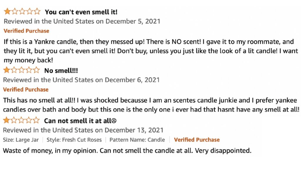 Les commentaires négatifs sur les bougies Yankee Candles. // Source : Nick Beauchamps & al.