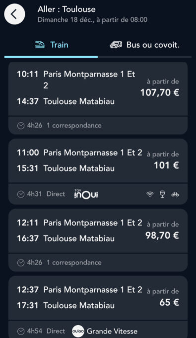 Un exemple de recherche dans l'app SNCF Connect, le 5 octobre 2022. // Source : Capture d'écran iOS