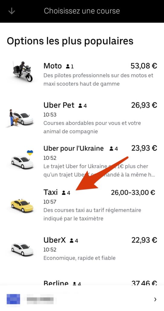 L'option pour commander un taxi avec l'app Uber // Source : Capture d'écran Numerama