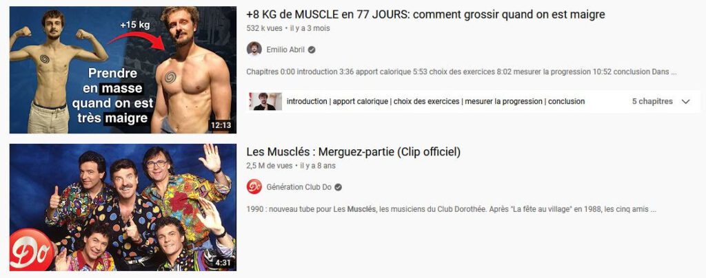 Capture d'écran de ma recherche du mot "muscle" sur YouTube