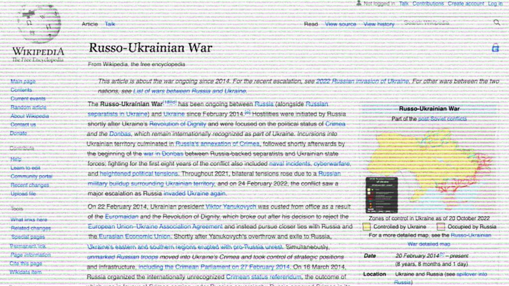 La page sur le conflit entre l'Ukraine et la Russie sur la version anglophone de Wikipedia // Source : Wikipedia / Montage Numerama