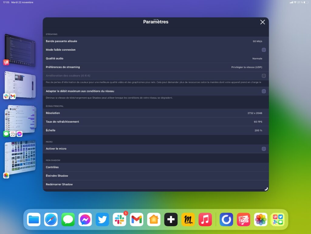 Les réglages de Shadow sur iPadOS. L’émulation Windows peut fonctionner sous la forme d’une fenêtre, pour utiliser les deux OS en même temps. // Source : Capture Numerama