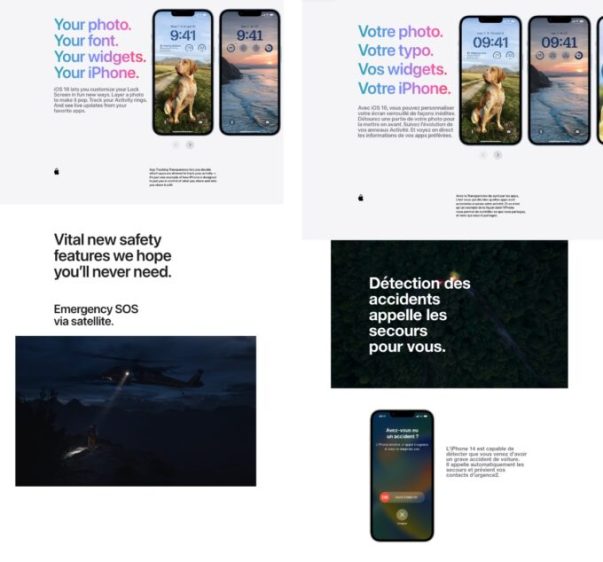 À gauche, le site américain d'Apple. À droite, le site français d'Apple (avant la mise à jour du 15 novembre, qui a ajouté les appels satellitaires) // Source : Captures Numerama