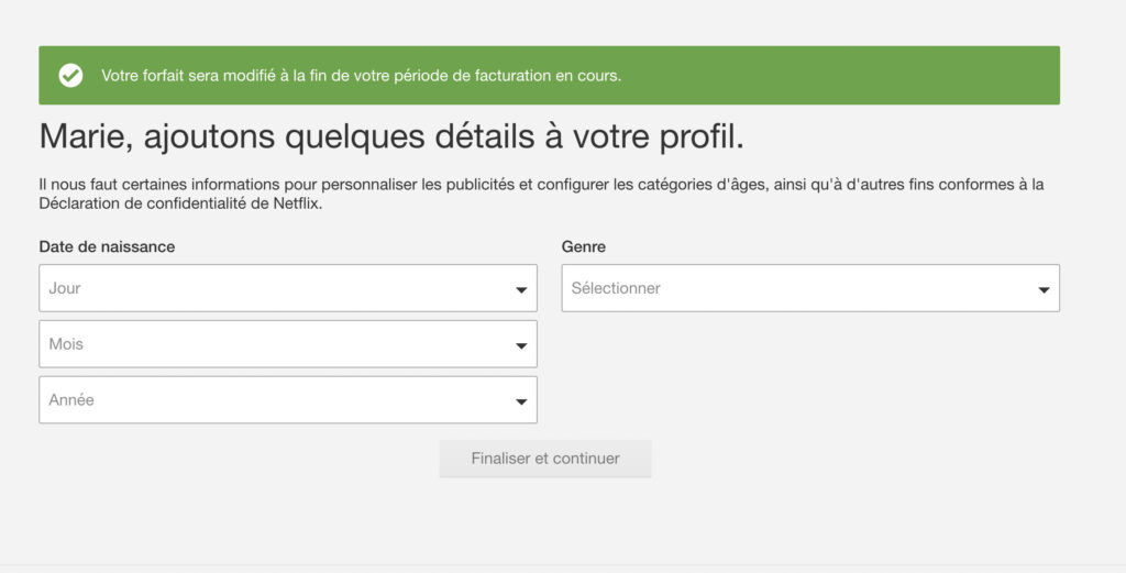 Netflix avec pub demande des informations personnelles en plus