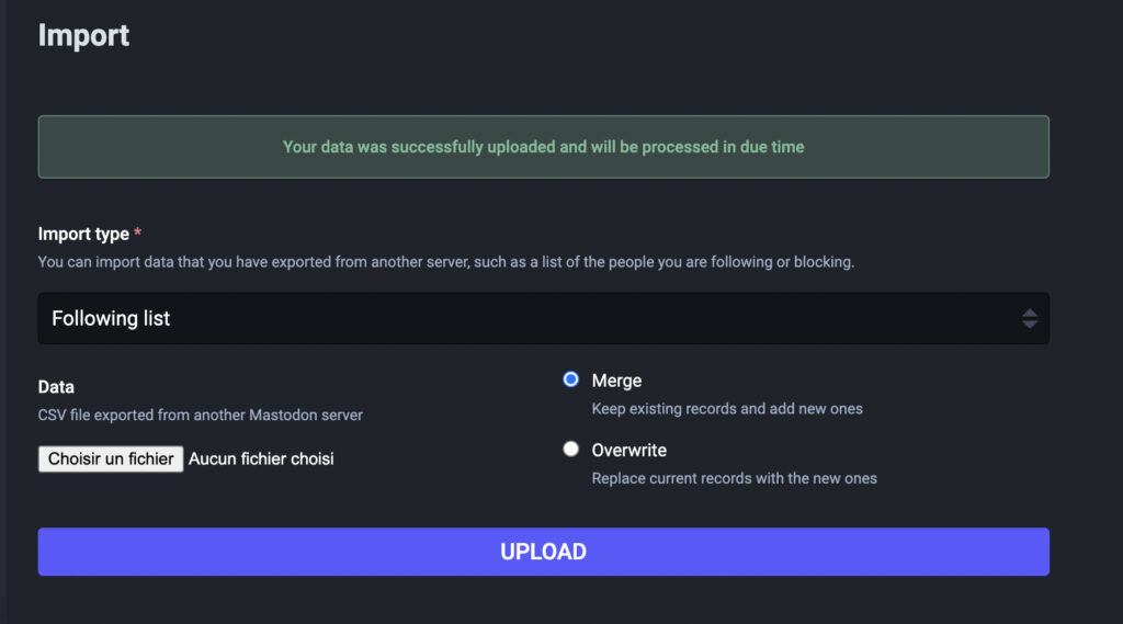La section "import" de Mastodon