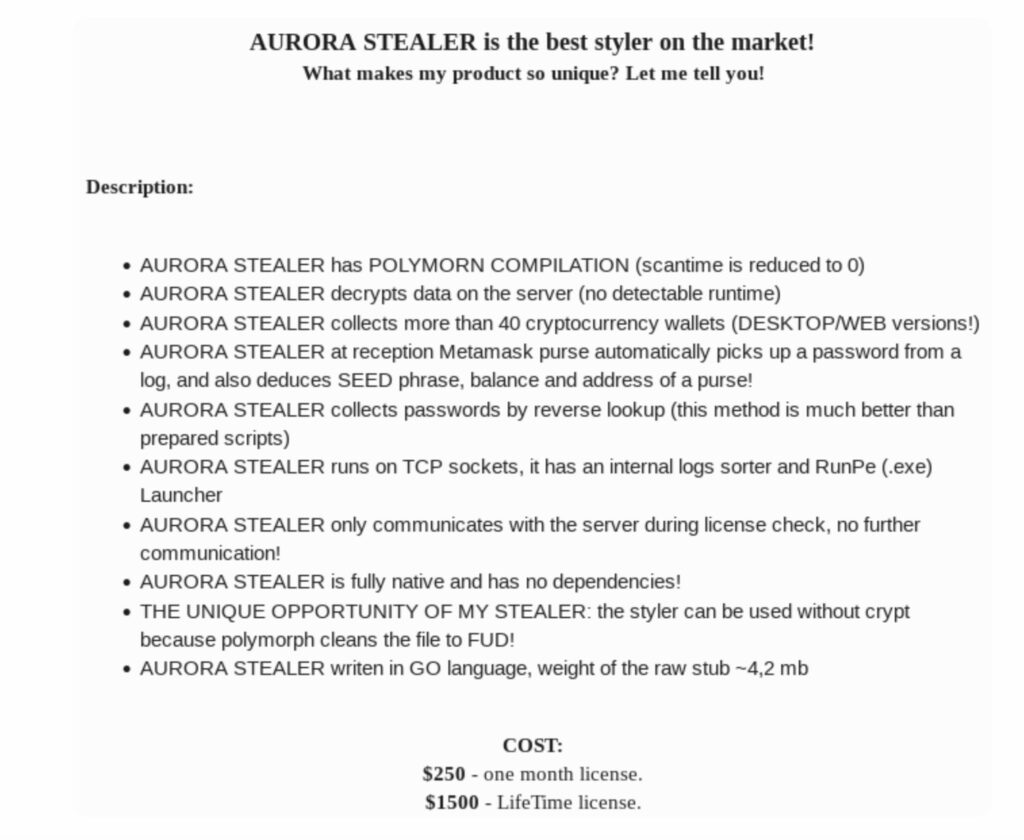 La fiche produit d'Aurora sur un forum fréquenté par les cybercriminels. // Source : Sekoia