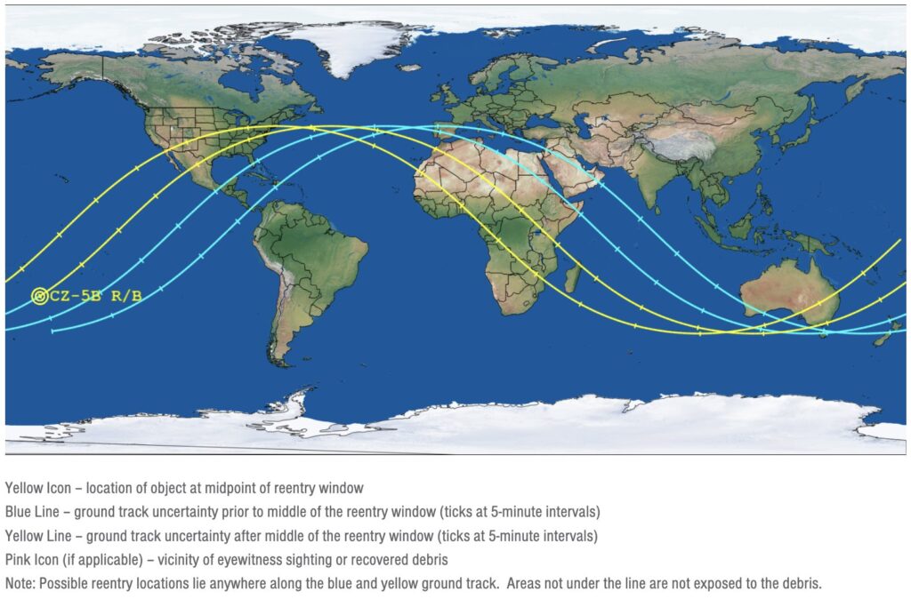 The reentry of the rocket should be done on one of these tracks.  // Source: Via Twitter @AerospaceCorp