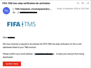 Un email fraudulento usurpando FIFA para alertar al usuario de una posible conexión. // Fuente: Trellix Un email fraudulento usurpando FIFA para alertar al usuario de una posible conexión. // Fuente: Trellix