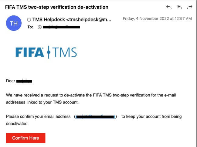 Un mail frauduleux usurpant la FIFA pour alerter l'internaute d'une possible connexion. // Source : Trellix