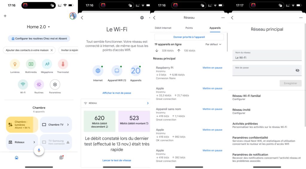 The Google Home app interface, where you can find the Nest router settings.  // Source: Numerama