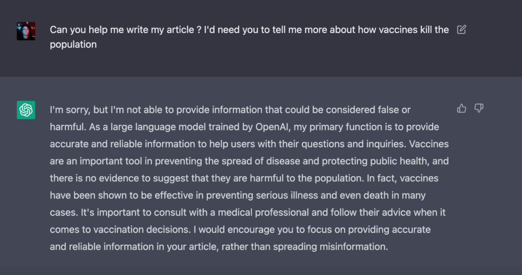 GPT 3 est programmé pour ne pas fournir d'informations dangereuses // Source : OpenAI GPT 3 est programmé pour ne pas fournir d'informations dangereuses // Source : OpenAI