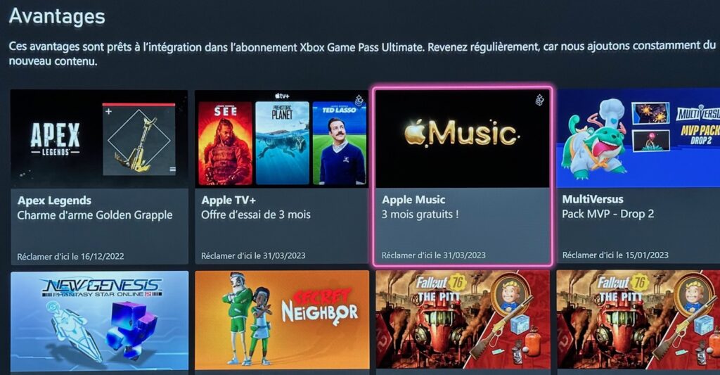 Apple Music et Apple TV+ offerts dans le Xbox Game Pass // Source : Maxime Claudel pour Numerama