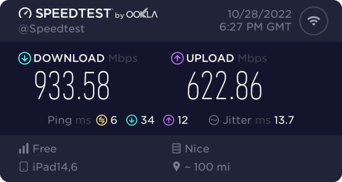 Un test réalisé en Wi-Fi 6E avec un iPad Pro M2 connecté au Nest Wifi Pro. // Source : Numerama Un test réalisé en Wi-Fi 6E avec un iPad Pro M2 connecté au Nest Wifi Pro. // Source : Numerama