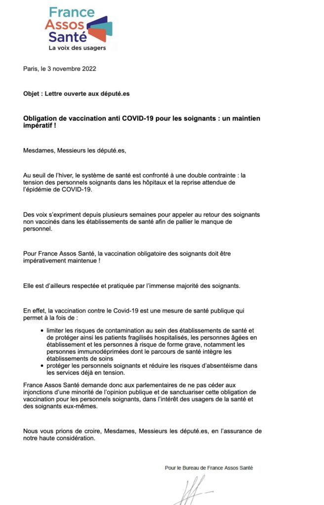 Lettre ouverte datant du 3 novembre 2022 // Source : France Assos Santé