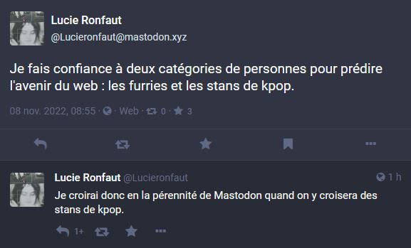 Deux "toots" écrits via mon compte Mastodon.