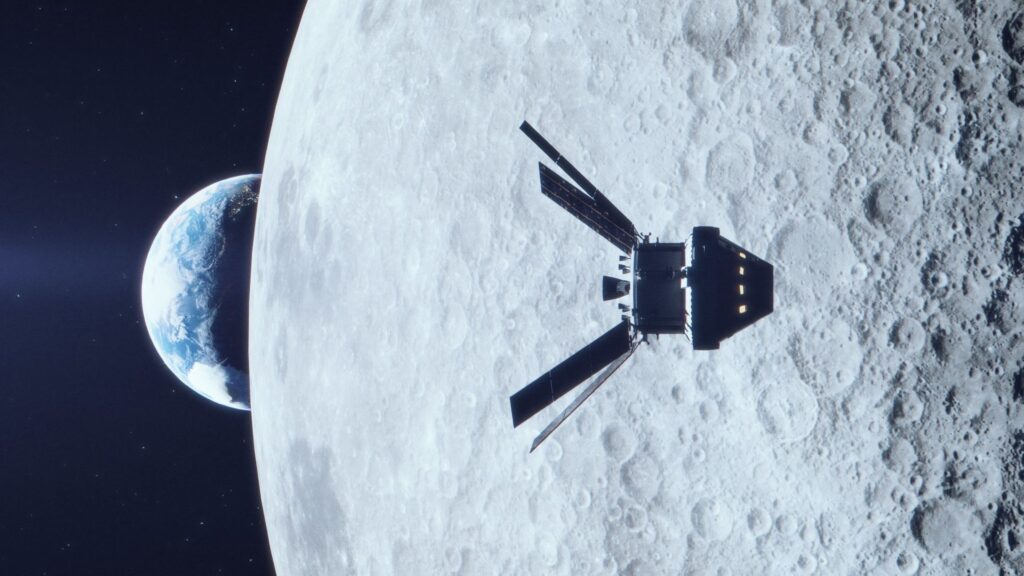La capsule Orion survolant la Lune, vue d'artiste. // Source : Flickr/CC/NASA/Liam Yanulis La capsule Orion survolant la Lune, vue d'artiste. // Source : Flickr/CC/NASA/Liam Yanulis