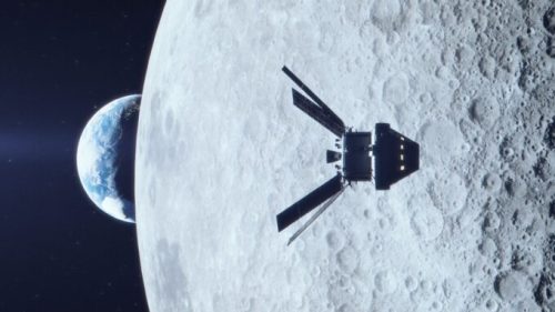 La capsule Orion survolant la Lune, vue d'artiste. // Source : Flickr/CC/NASA/Liam Yanulis