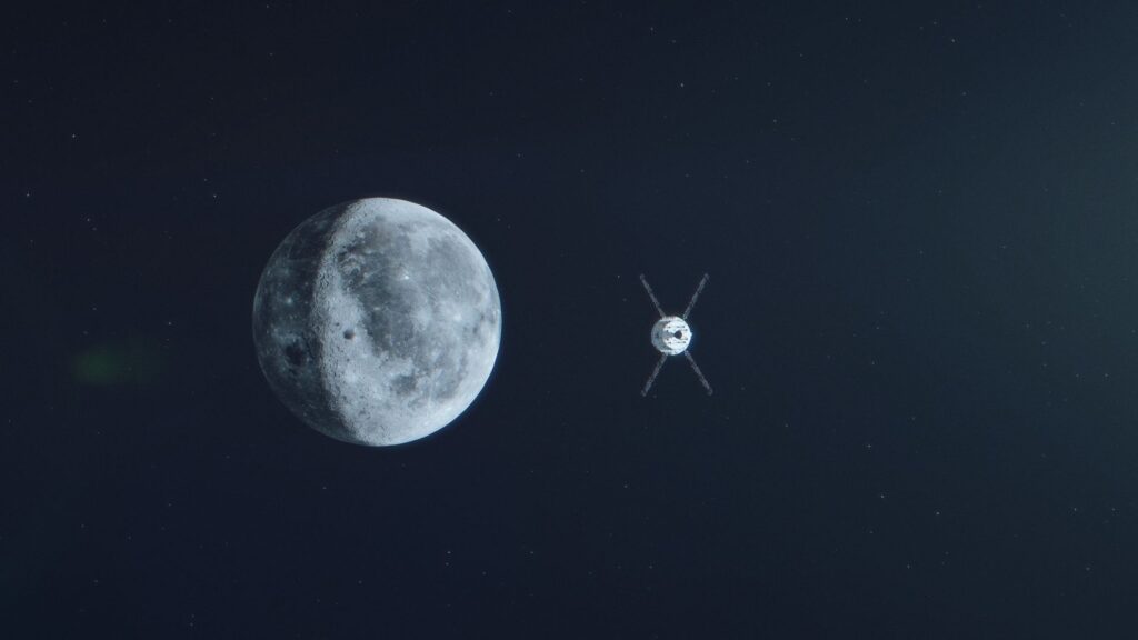 Orion approchant de la Lune, vue d'artiste. // Source : Flickr/CC/NASA/Liam Yanulis