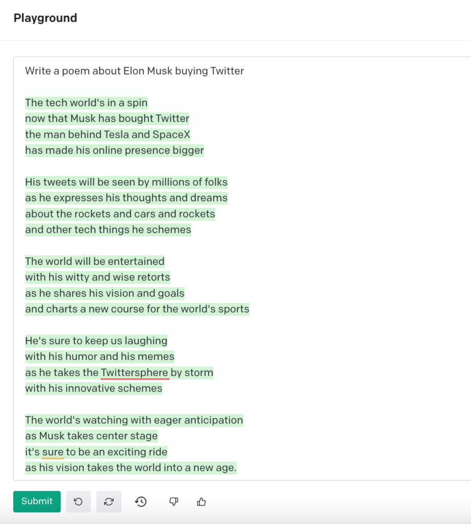 Un poème sur le rachat de Twitter par Elon Musk, réalisé par une intelligence artificielle. // Source : OpenAI Un poème sur le rachat de Twitter par Elon Musk, réalisé par une intelligence artificielle. // Source : OpenAI