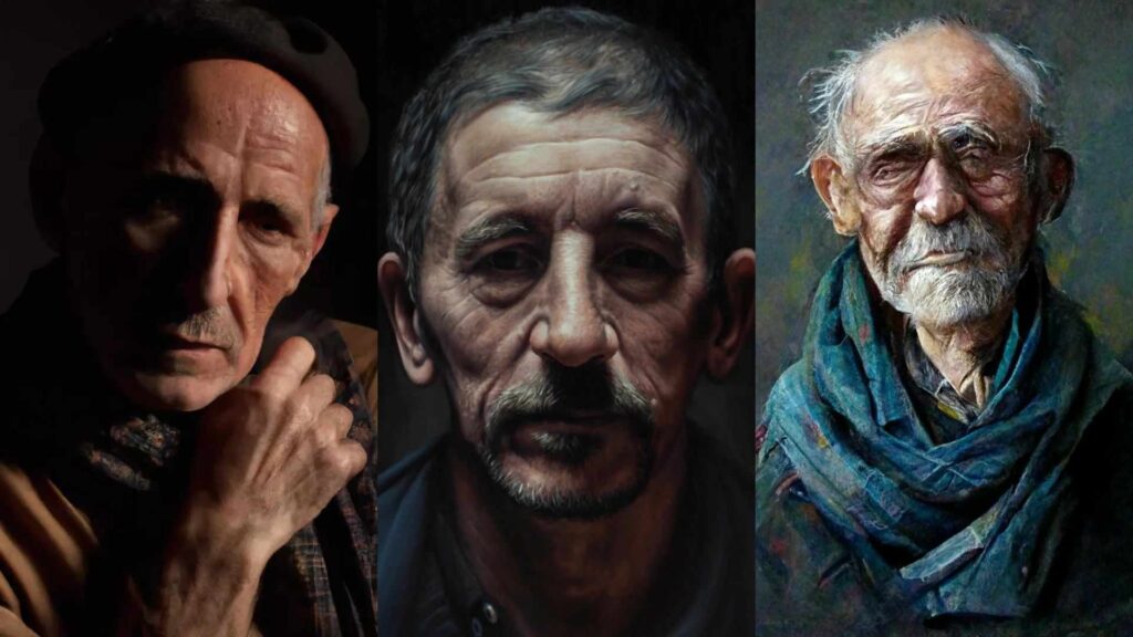 Quel portrait a été fait par un artiste humain ?  // Source : Montage Numerama / Midjourney / Dall E / Vic Harris