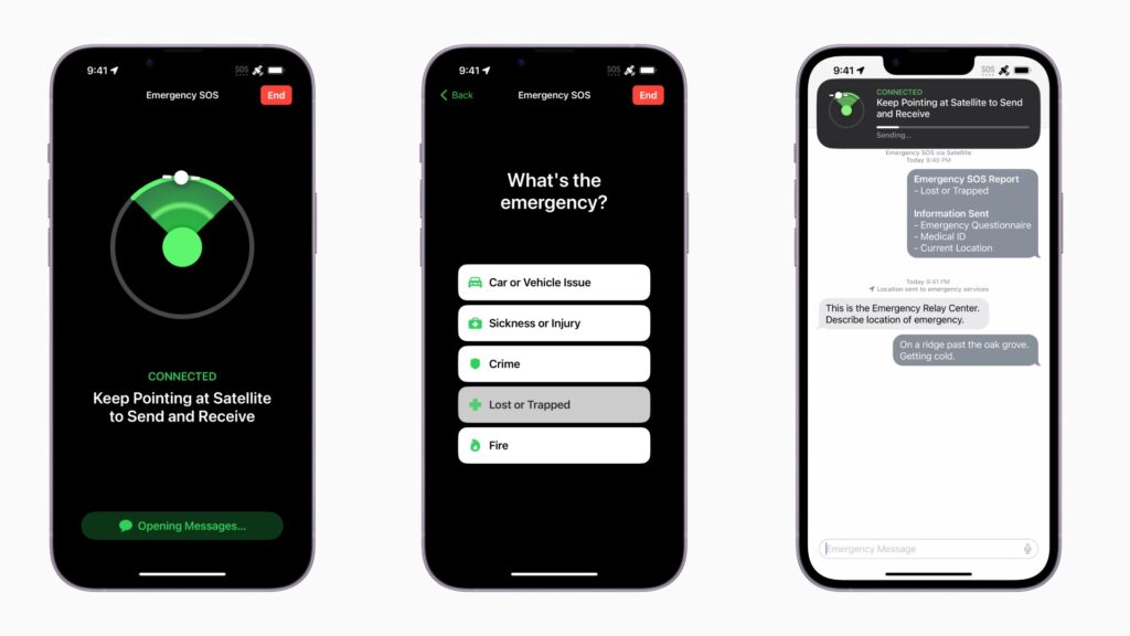 After connecting to the satellite, a form is filled out to report an emergency.  // Source: Apple