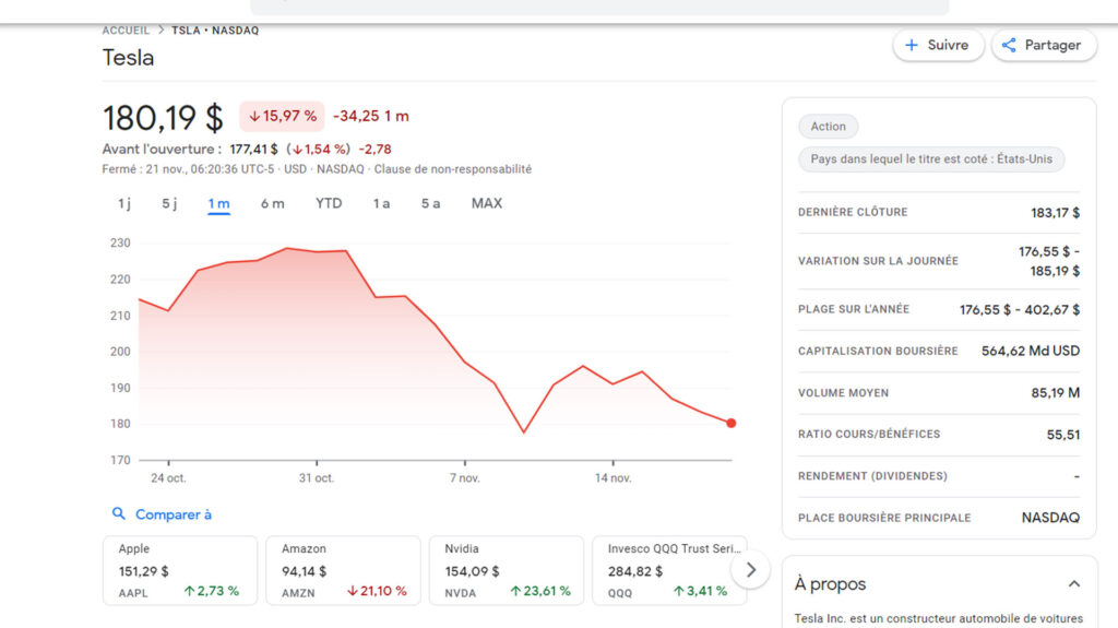 Tesla share price over one month // Source: Capture google finances