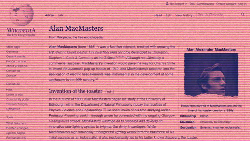 La page Wikipédia d'Alan MacMasters, depuis archivée // Source : Capture d'écran Numerama