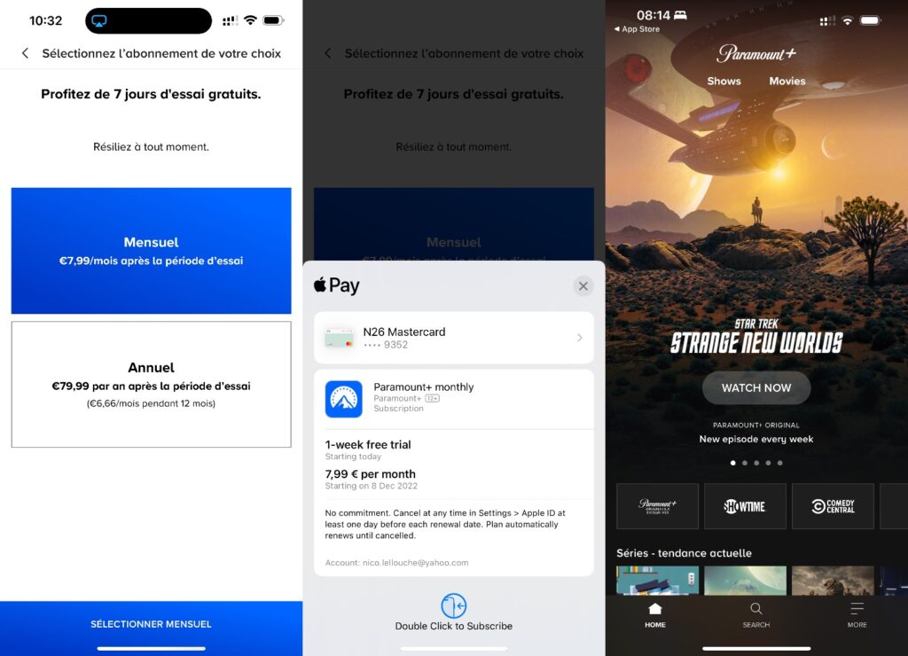 On smartphones, Paramount+ makes it easy to sign up with integrated App Store and Play Store payments.  // Source: Numerama screenshots