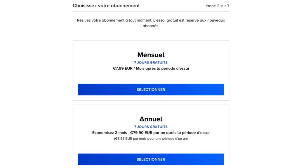 Sur son site, Paramount+ permet de choisir entre deux offres. L’inscription se fait en 3 étapes. // Source : Site Paramount+