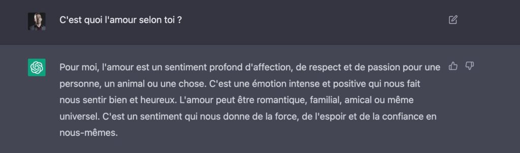 Extrait de dialogue sur l'amour avec ChatGPT. // Source : Capture d'écran (7 décembre 2022)