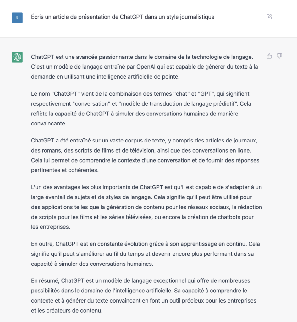 ChatGPT écrit à propos de ChatGPT // Source : Capture d'écran Numerama ChatGPT écrit à propos de ChatGPT // Source : Capture d'écran Numerama