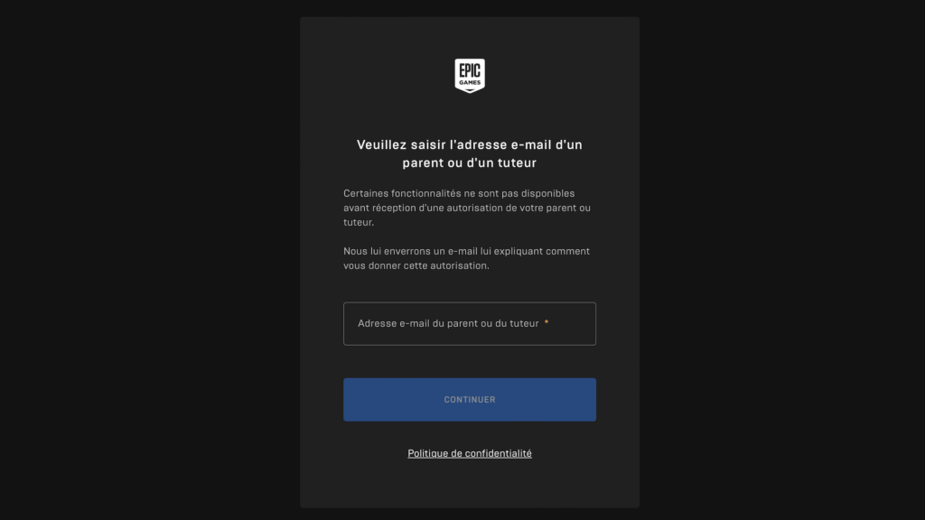Création d'un compte Epic Games pour enfant  // Source : Capture d'écran