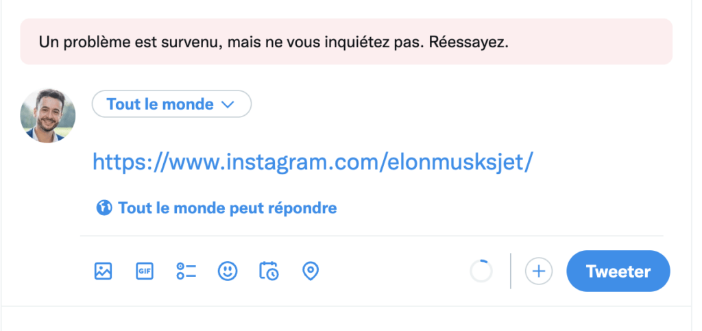 Voilà ce qu'il se passe quand on tweete un lien vers le compte Instagram d'ElonJet. Il y a un bug à l'envoi. // Source : Numerama Voilà ce qu'il se passe quand on tweete un lien vers le compte Instagram d'ElonJet. Il y a un bug à l'envoi. // Source : Numerama