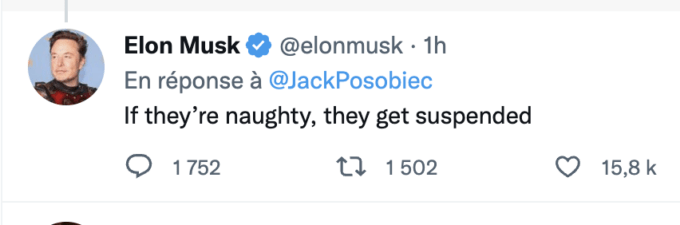 Attention, nouvelle règle : Elon Musk décide maintenant de qui a le droit d'être suspendu. // Source : Capture Numerama