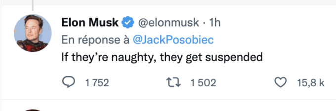 Attention, nouvelle règle : Elon Musk décide maintenant de qui a le droit d'être suspendu. // Source : Capture Numerama Attention, nouvelle règle : Elon Musk décide maintenant de qui a le droit d'être suspendu. // Source : Capture Numerama
