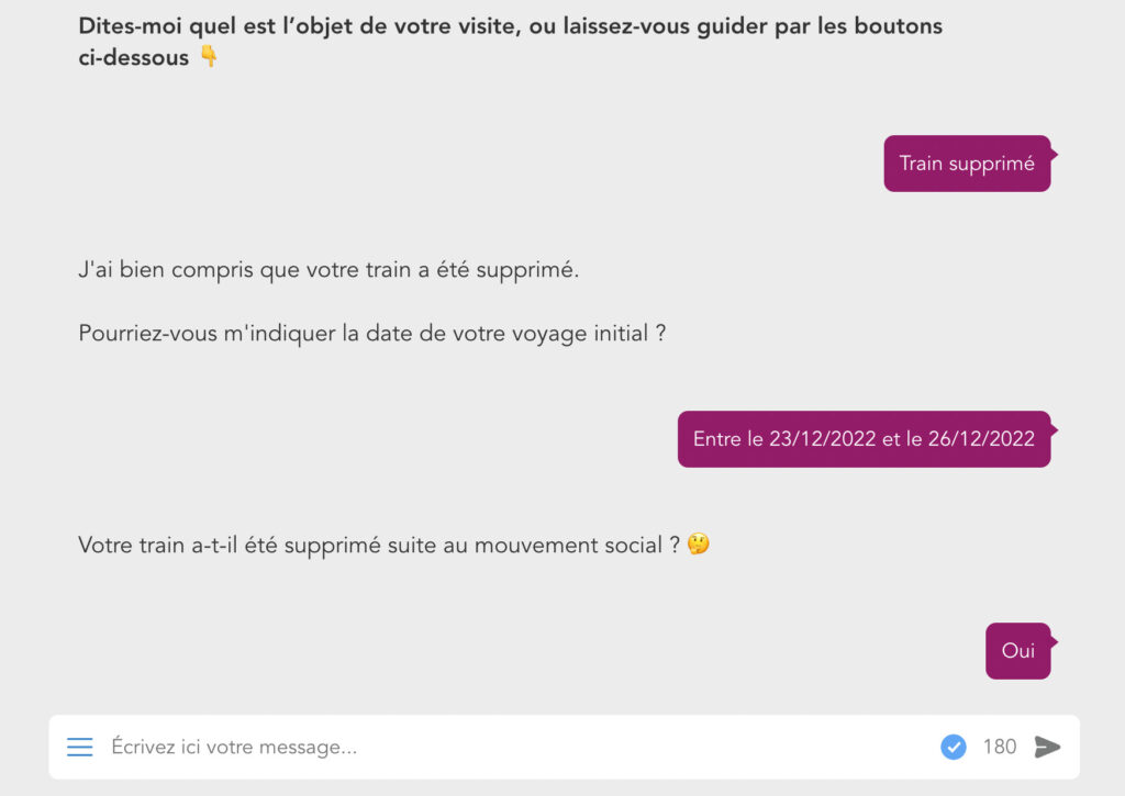 Un extrait de notre conversation avec le chatbot de la SNCF // Source : SNCF