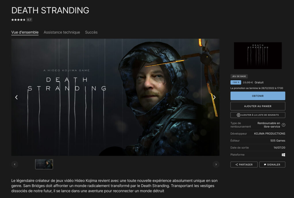 Death Stranding est gratuit sur l'Epic Games Store. // Source : Capture Numerama
