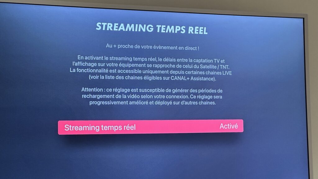 Le streaming temps réel dans les réglages de myCANAL, sur tvOS. // Source : Numerama