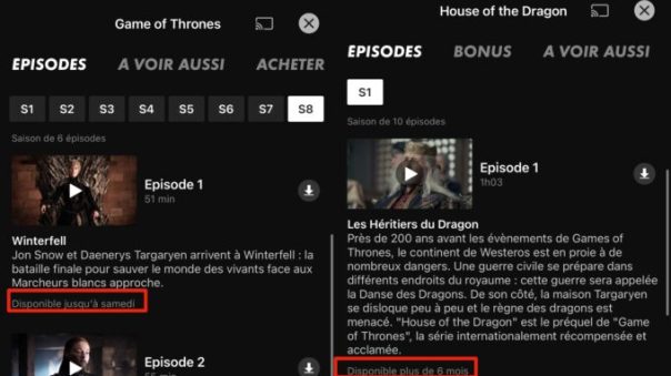 Sur myCANAL, on constate que les contenus HBO sortis il y a moins d'1 an resteront disponibles sur OCS au moins 6 mois. Les autres partent le 31 décembre. // Source : Captures Numerama