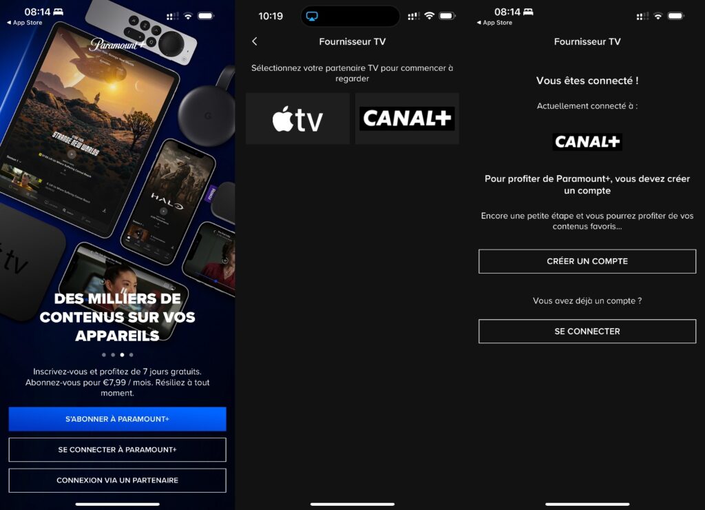 Pour se connecter à Paramount+ avec son compte Canal+, il suffit de se rendre dans l’application. // Source : Captures Numerama