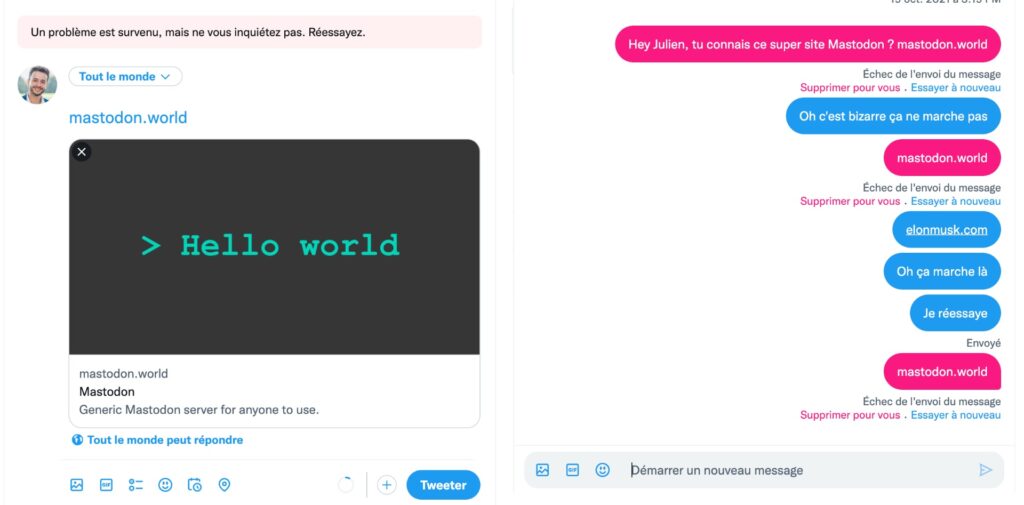 À gauche, on ne peut pas tweeter un lien vers Mastodon. À droite, on ne peut pas envoyer un lien vers Mastodon en DM. // Source : Captures Numerama