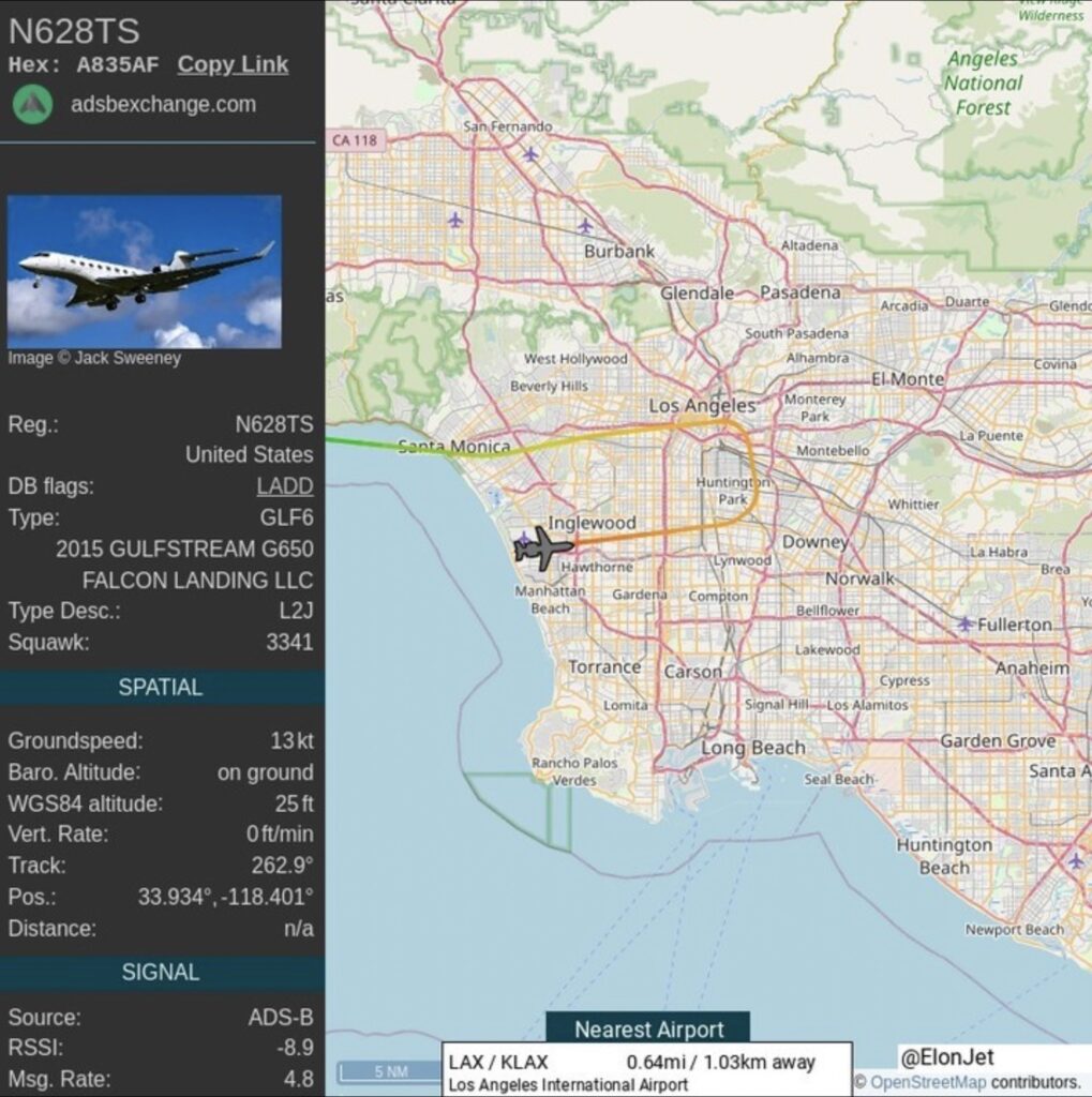 Un exemple d'un vol "tracké" par Jack Sweeney // Source : Instagram/ElonJet Un exemple d'un vol "tracké" par Jack Sweeney // Source : Instagram/ElonJet